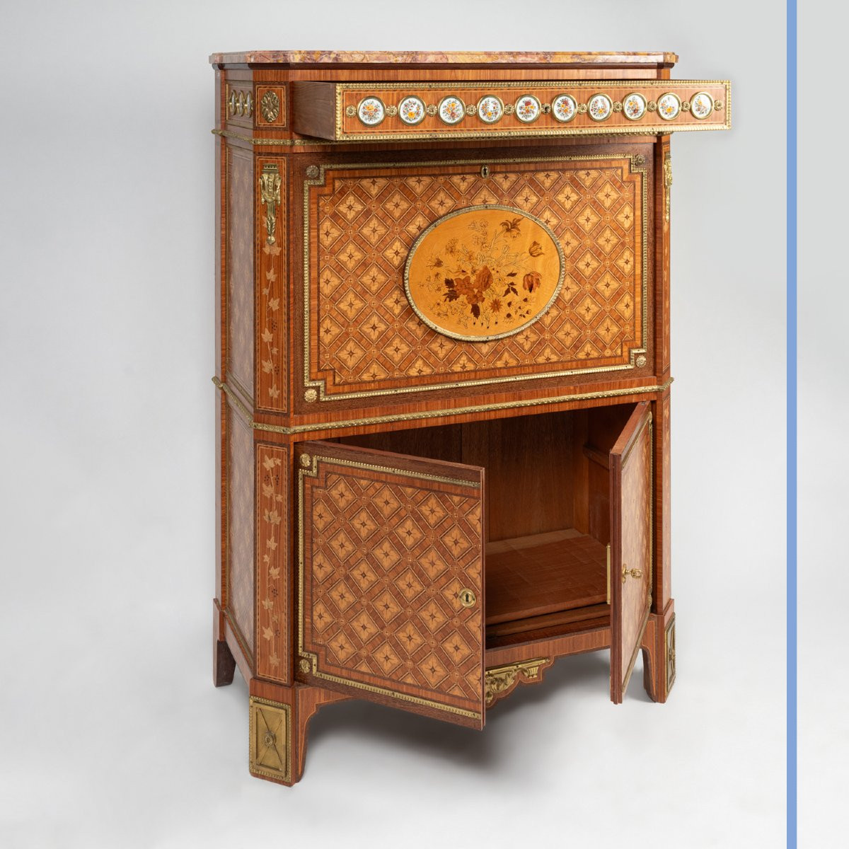 Louis XVI Style Drop-front Secretary Desk Inlaid With Porcelain Medallions, 20th Century-photo-4