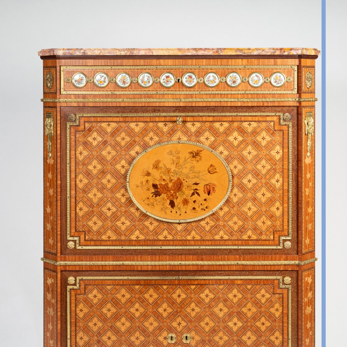 Louis XVI Style Drop-front Secretary Desk Inlaid With Porcelain Medallions, 20th Century-photo-4