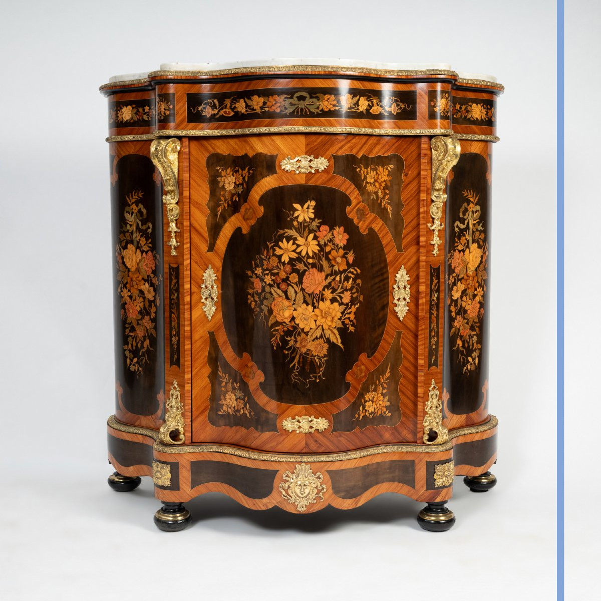 Pair Of Console-height Cabinets In Precious Wood Marquetry, 19th Century-photo-2
