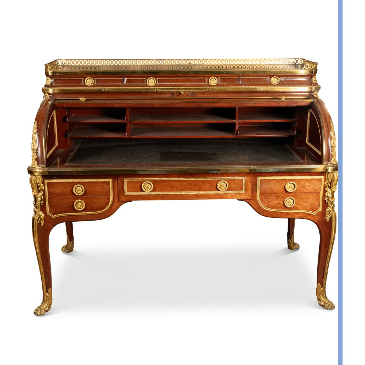 Bureau de milieu à cylindre en acajou richement orné de bronze doré, XIXe-photo-3