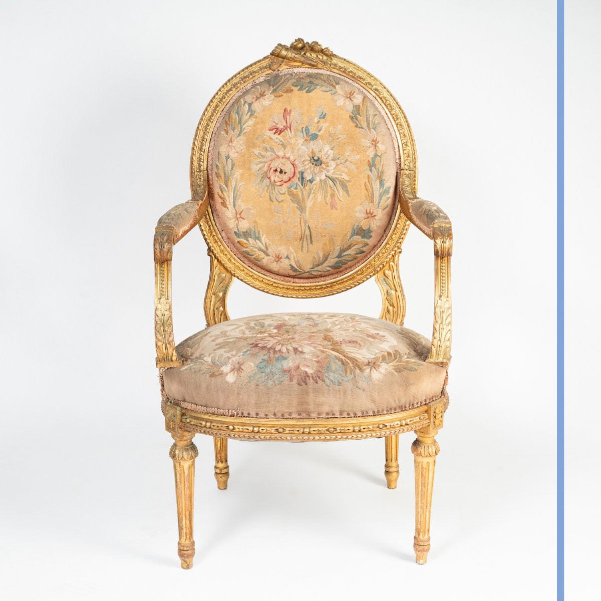 Living Room Set Consisting Of A Bench And Four Armchairs In Giltwood And Tapestry, 19th Century-photo-5