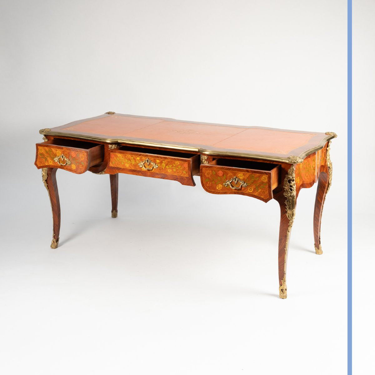 Louis XV Style Flat Desk In Marquetry And Gilt Bronze, 20th Century-photo-2