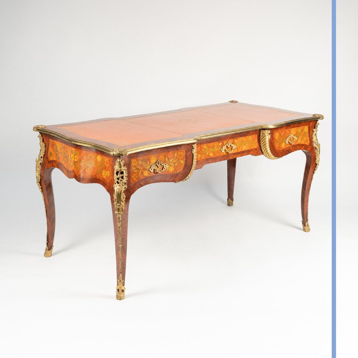 Louis XV Style Flat Desk In Marquetry And Gilt Bronze, 20th Century-photo-4