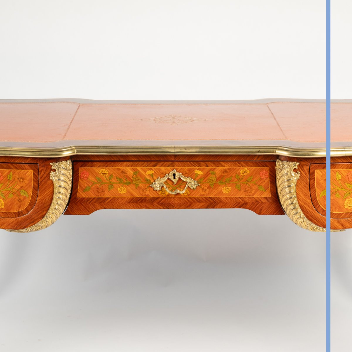 Louis XV Style Flat Desk In Marquetry And Gilt Bronze, 20th Century-photo-2