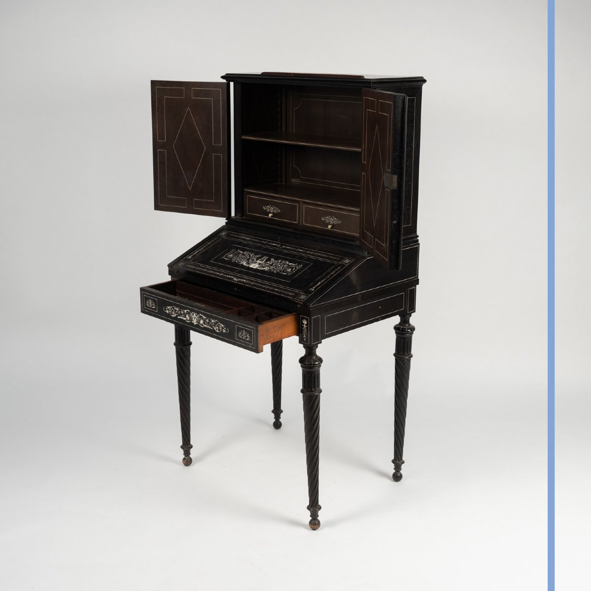 Charles Hunsinger (1823-1893), Bonheur du Jour en ébène et incrustations d’ivoire, XIXe-photo-3