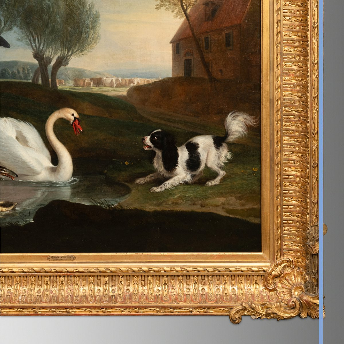 Attribué à Jan  Weenix  (1640-1719), Chien à l'arrêt devant un cygne, huile sur toile, XVIIIe-photo-2