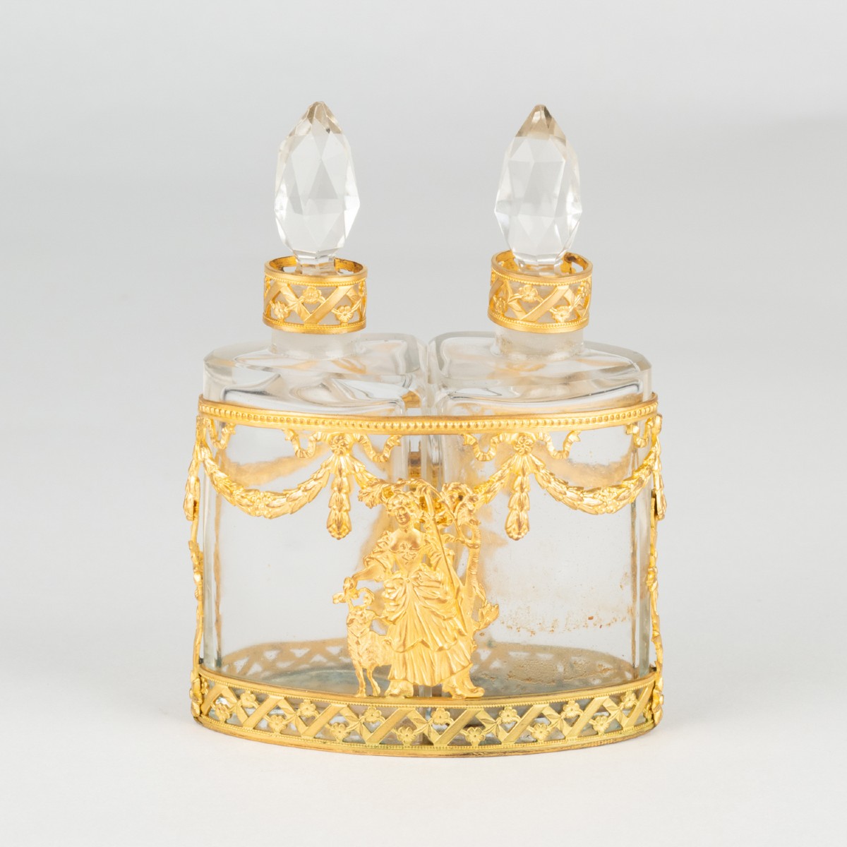 Support à deux flacons en cristal taillé et laiton doré, XIXe