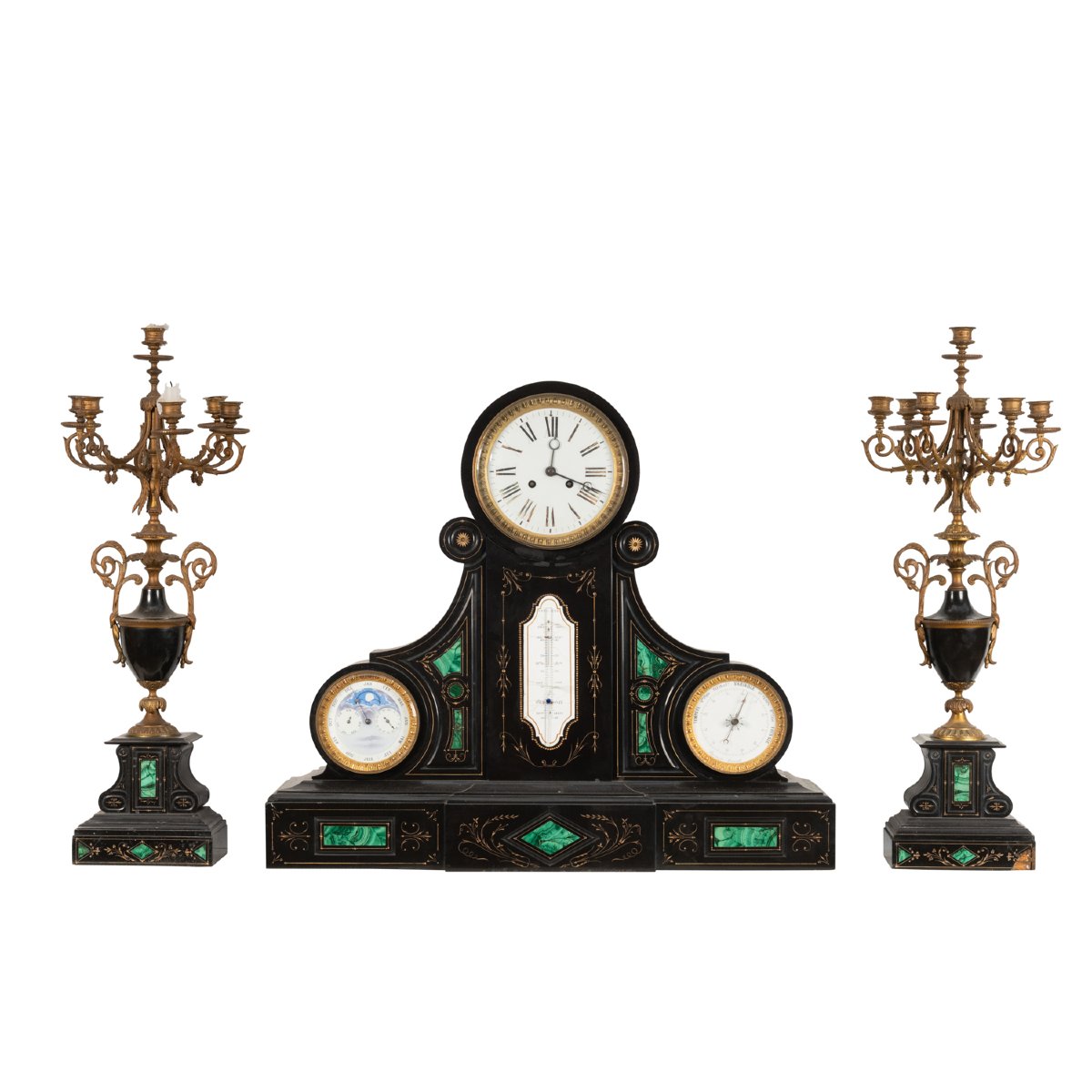 Garniture de cheminée comprenant une pendule à quantième, XIXe
