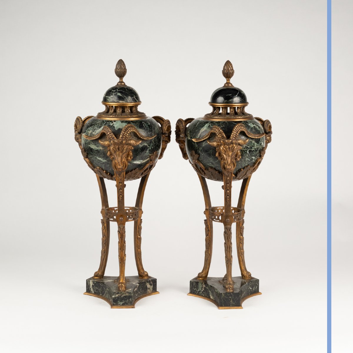 Pair Of Ormolu And Green Marble Ram-headed Cassolettes, 19th-photo-2