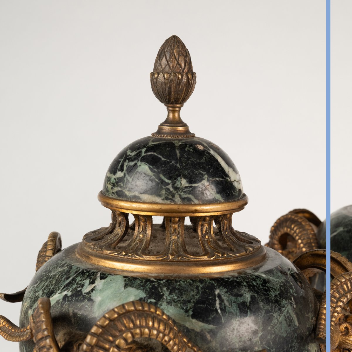 Pair Of Ormolu And Green Marble Ram-headed Cassolettes, 19th-photo-4
