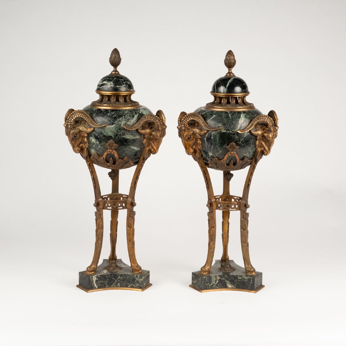 Pair Of Ormolu And Green Marble Ram-headed Cassolettes, 19th