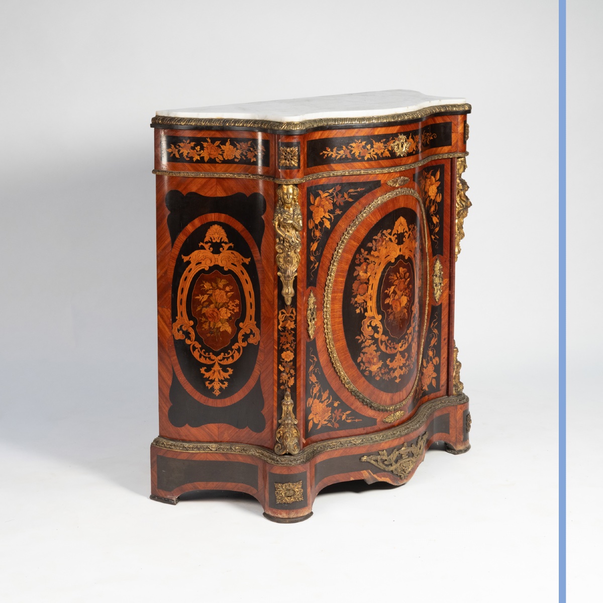19th-century Cabinet (hauteur d'Appui) In Precious Wood Marquetry And Gilt Bronze.-photo-2