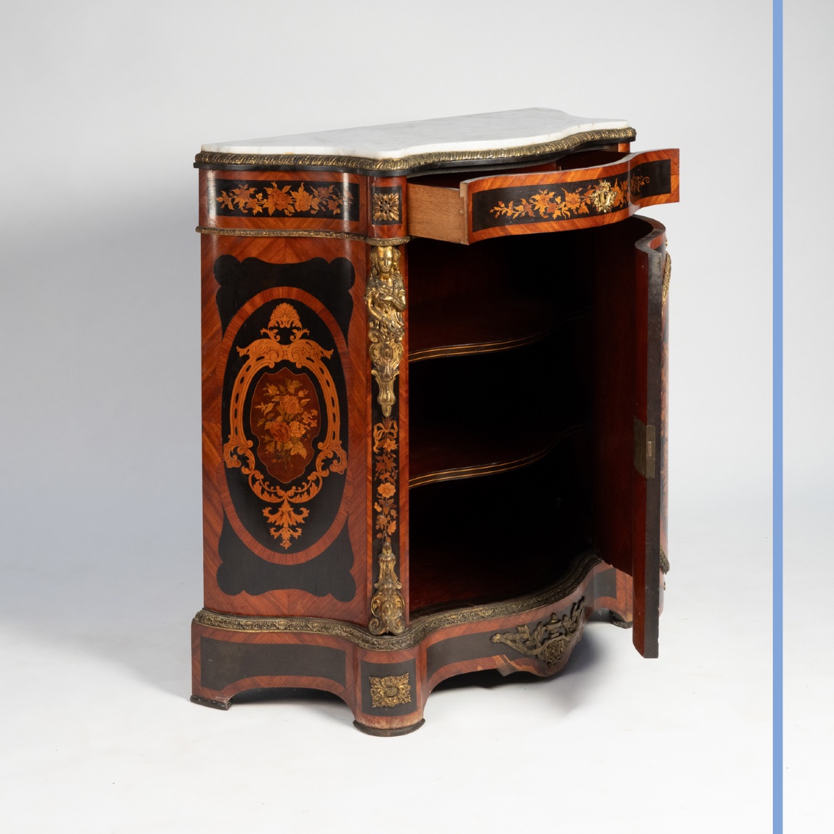 19th-century Cabinet (hauteur d'Appui) In Precious Wood Marquetry And Gilt Bronze.-photo-3