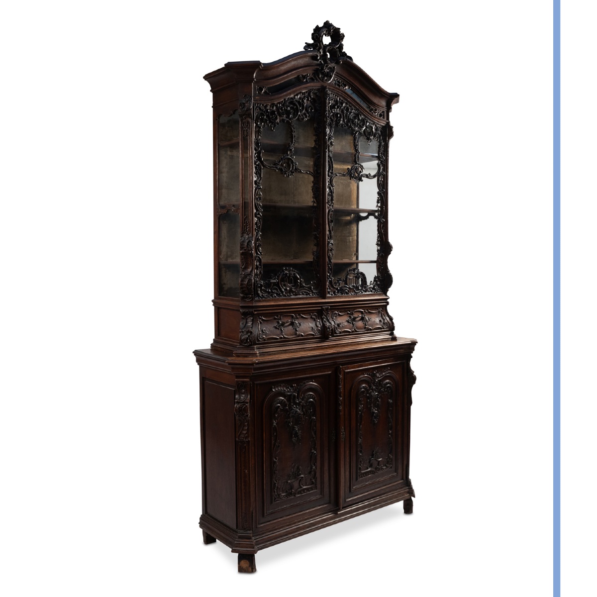 Carved Oak Liège-style Louis XV Two-part Glazed Sideboard, XIXth-photo-2