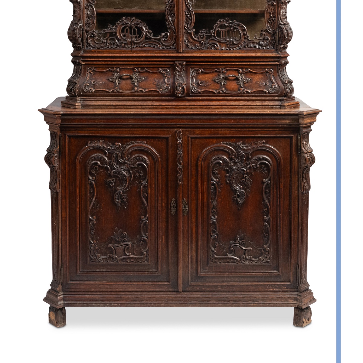 Carved Oak Liège-style Louis XV Two-part Glazed Sideboard, XIXth-photo-7