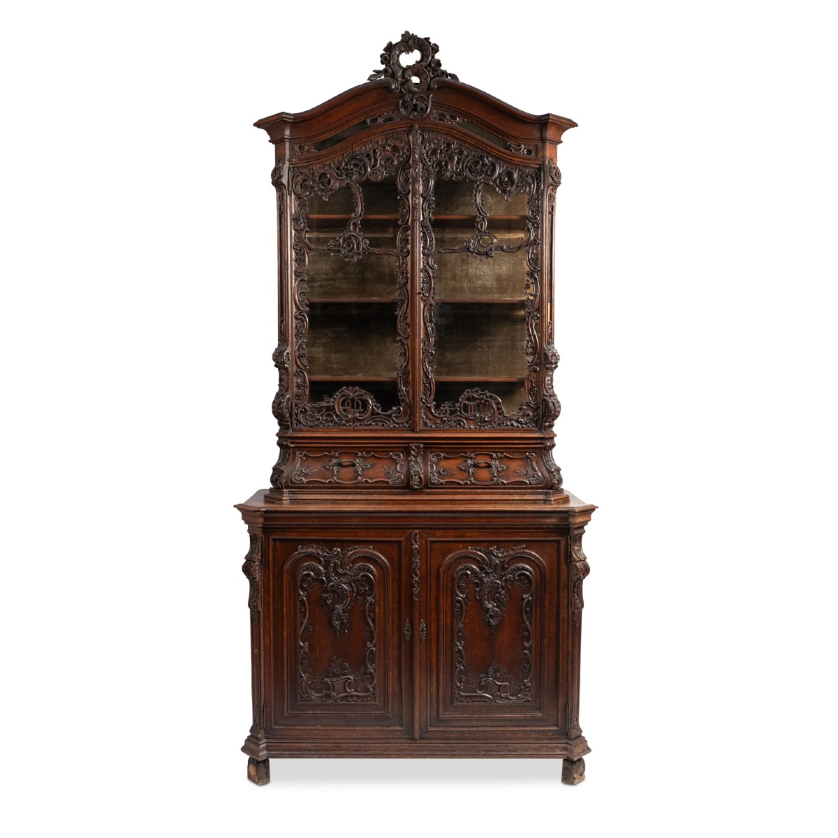 Carved Oak Liège-style Louis XV Two-part Glazed Sideboard, XIXth