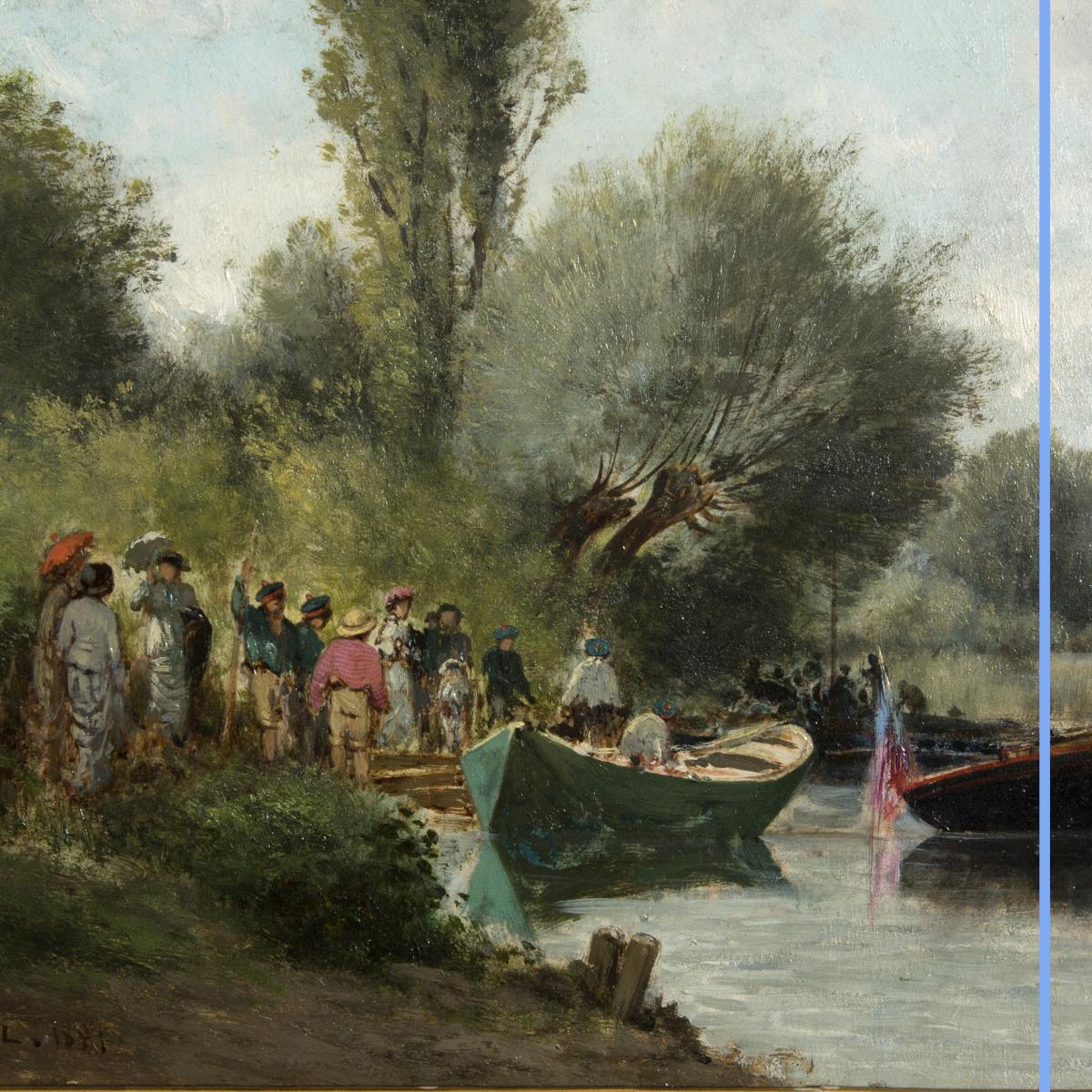 Charles Donzel (1824-1889), Embarquement pr&egrave;s du lac, huile sur panneau, XIXe-photo-2