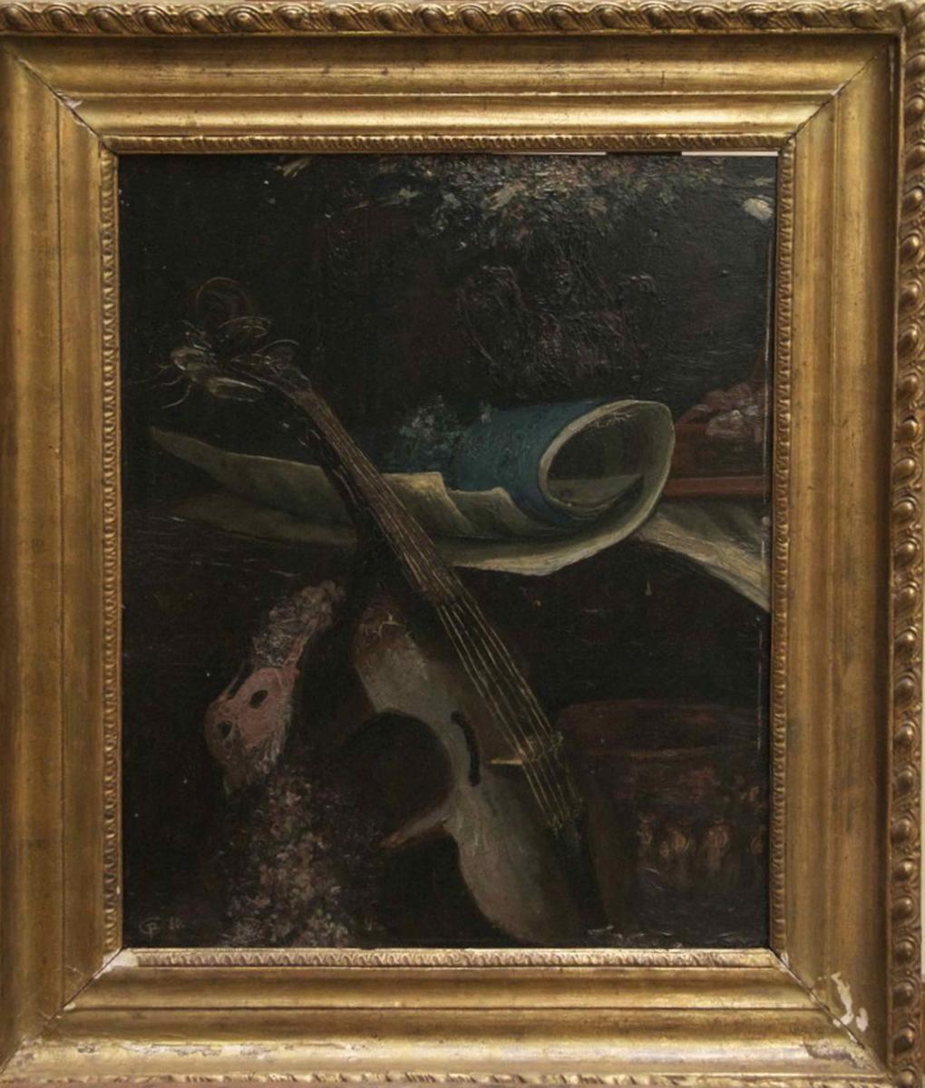 Ecole Italienne du XIXe, huile sur panneau, Nature morte au violon, XIXe