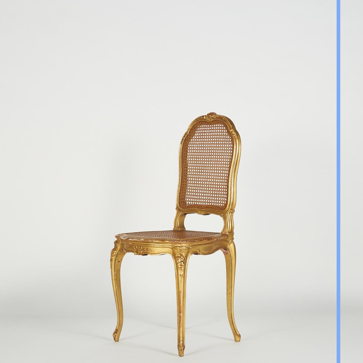 Chaise cann&eacute;e en bois sculpt&eacute; dor&eacute;, XIXe-photo-2