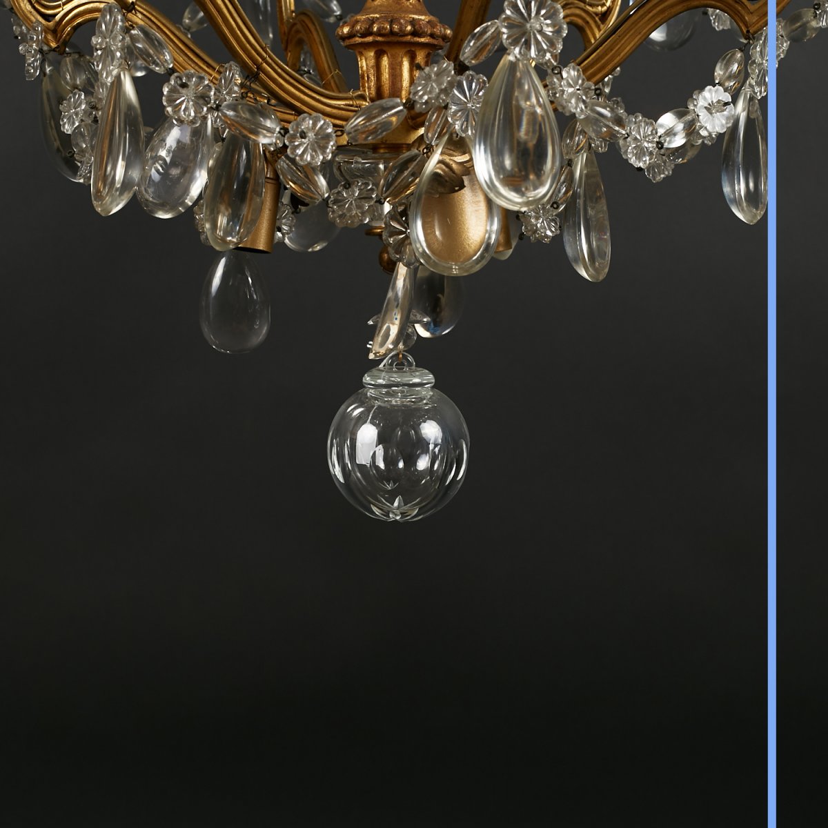 Lustre cage aux perles  en bronze dor&eacute; &agrave; pampilles de style Louis XVI, XIXe-photo-8