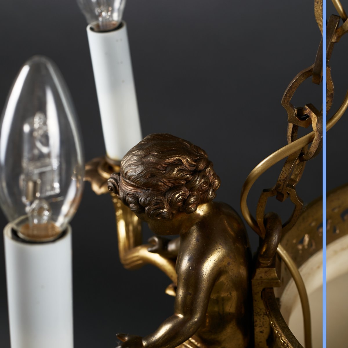 Lustre en bronze doré aux putti, coupe en marbre, XIXe-photo-5