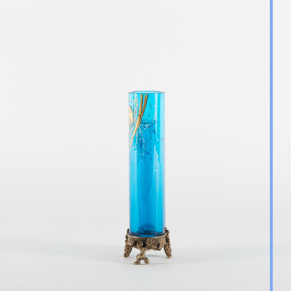 Soliflore  en verre bleu et émail polychrome sur monture en bronze ciselé, XXe -photo-3