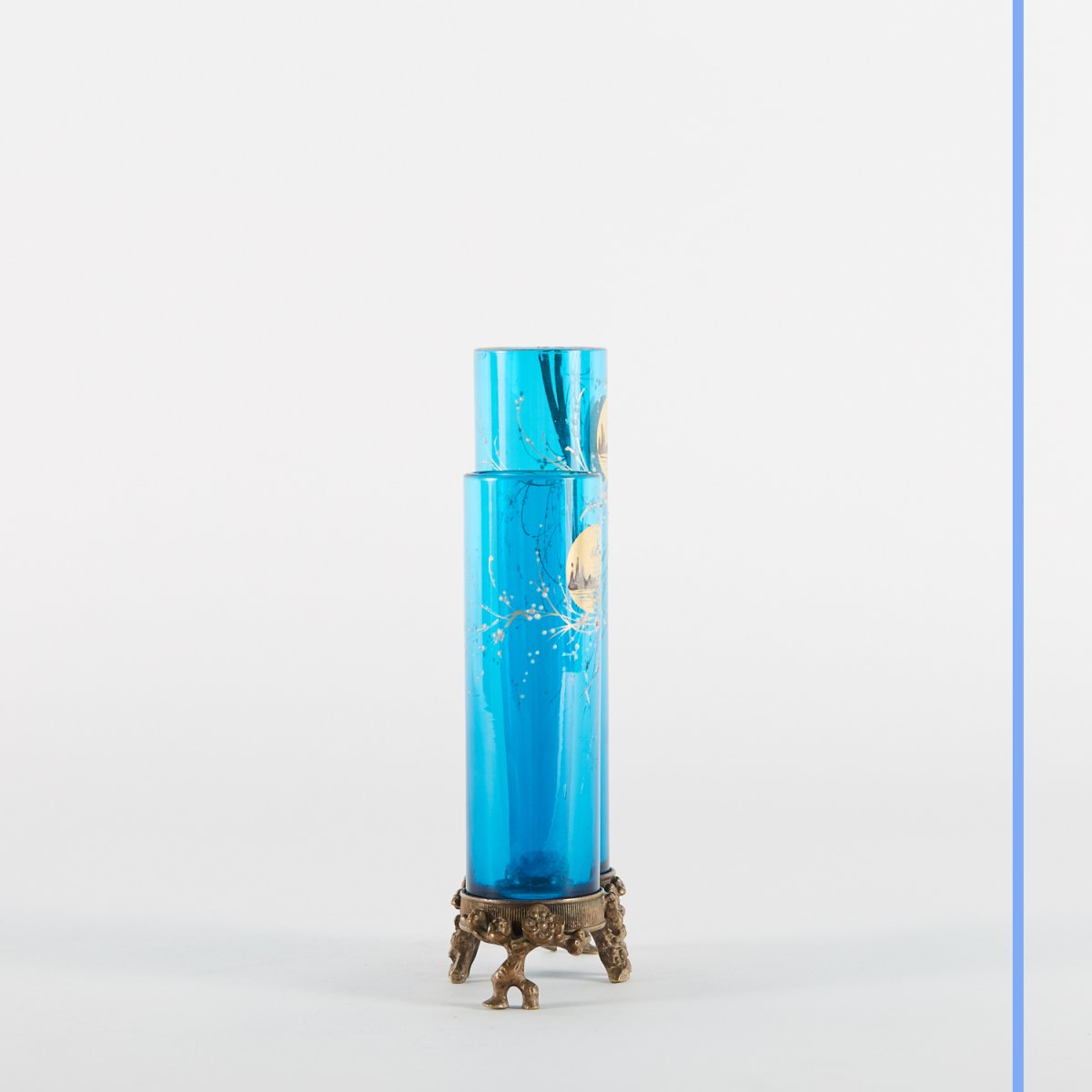 Soliflore  en verre bleu et émail polychrome sur monture en bronze ciselé, XXe -photo-1