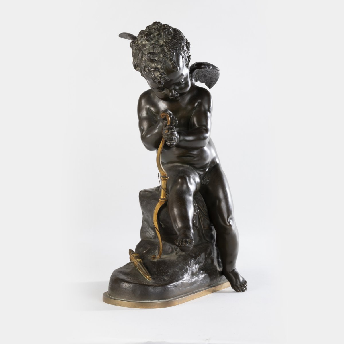 Ch. Gautier, Eros r&eacute;parant son arc, bronze &agrave; patine brune,  XIXe -photo-2