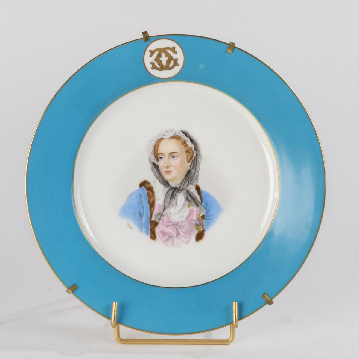 S&eacute;rie de six assiettes d&eacute;coratives en porcelaine de S&egrave;vres aux portraits de nobles femmes, XIXe-photo-8