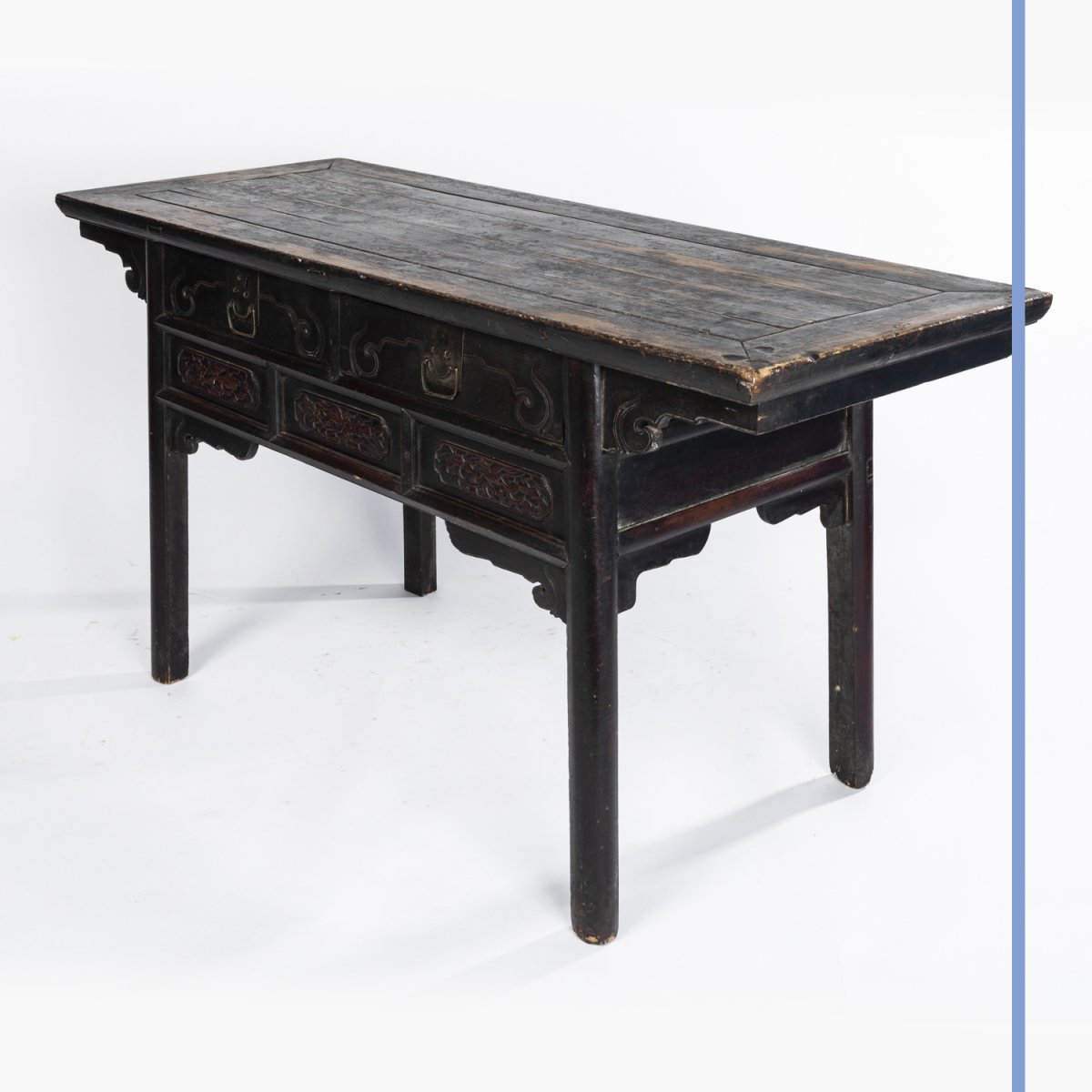 Chine, table console à deux tiroirs en bois sculpté, XIXe-photo-2