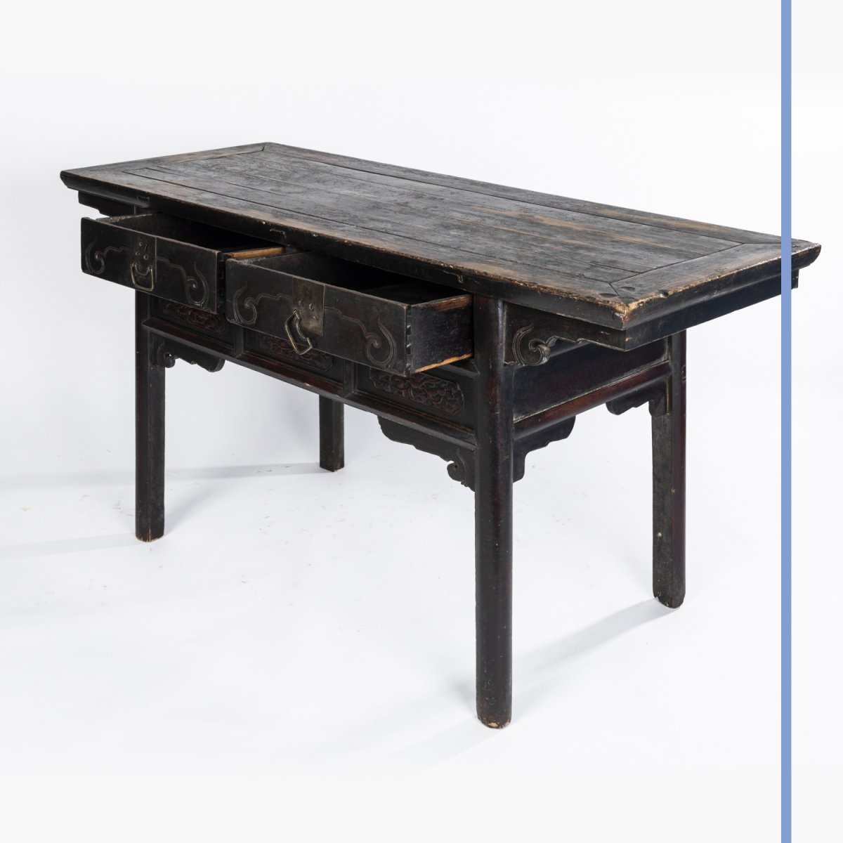 Chine, table console à deux tiroirs en bois sculpté, XIXe-photo-3