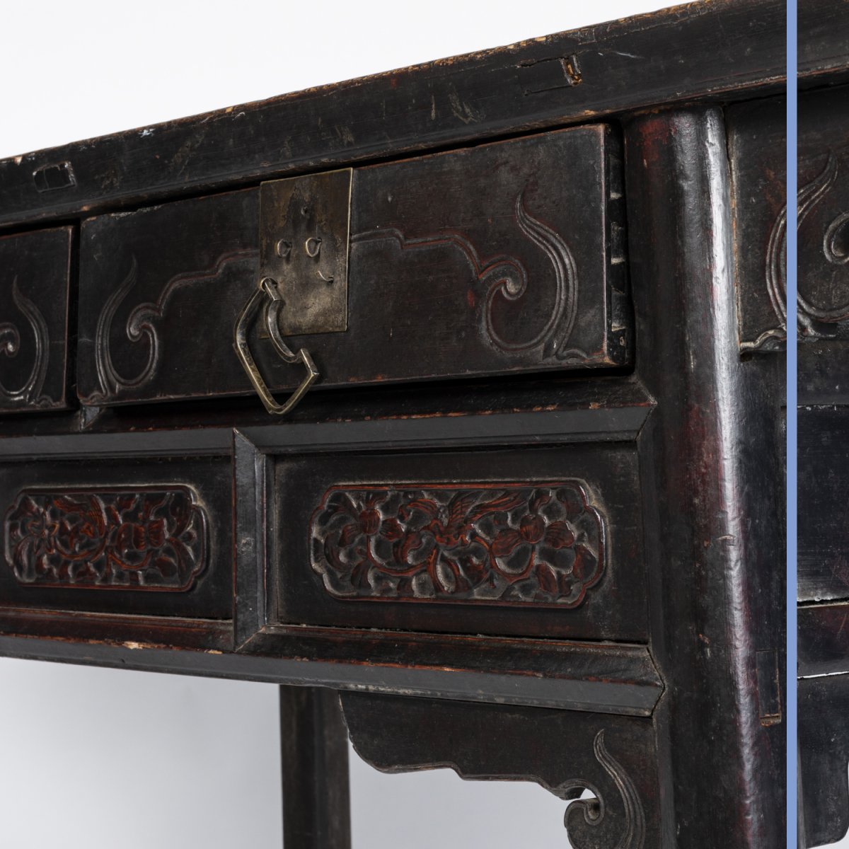 Chine, table console à deux tiroirs en bois sculpté, XIXe-photo-5