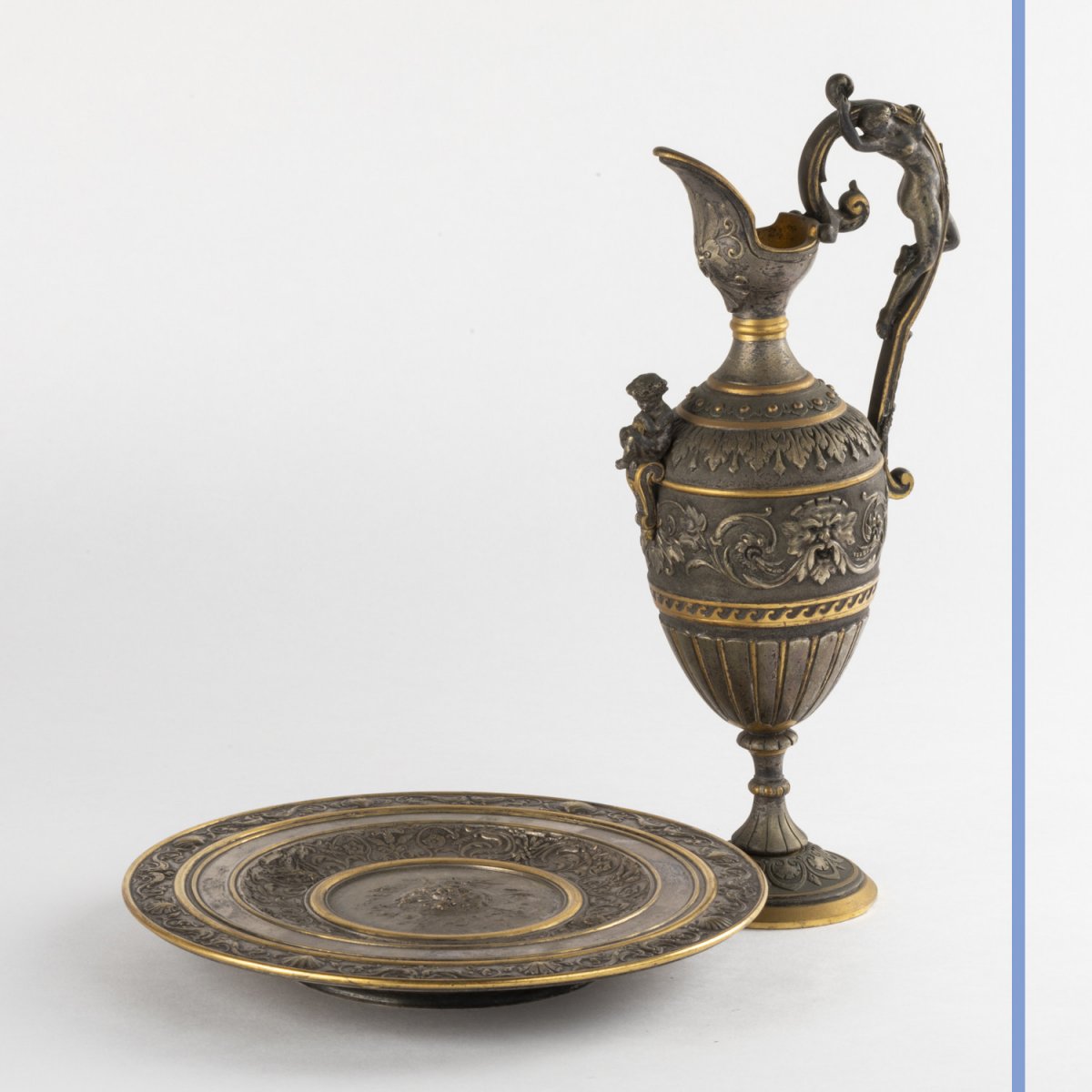 Aigui&egrave;re au ch&eacute;rubin et son bassin en bronze argent&eacute; cisel&eacute; , XIXe-photo-2
