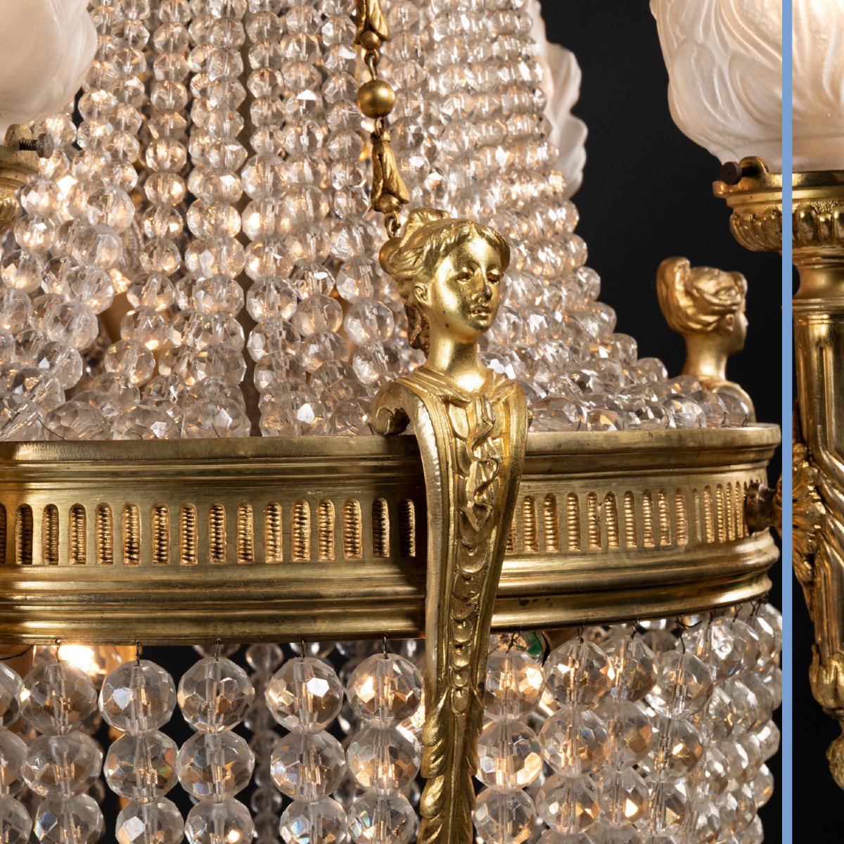 Lustre montgolfi&egrave;re aux perles en cristal taill&eacute; en bronze dor&eacute; &agrave; d&eacute;cor de flambeaux, XIXe-photo-6