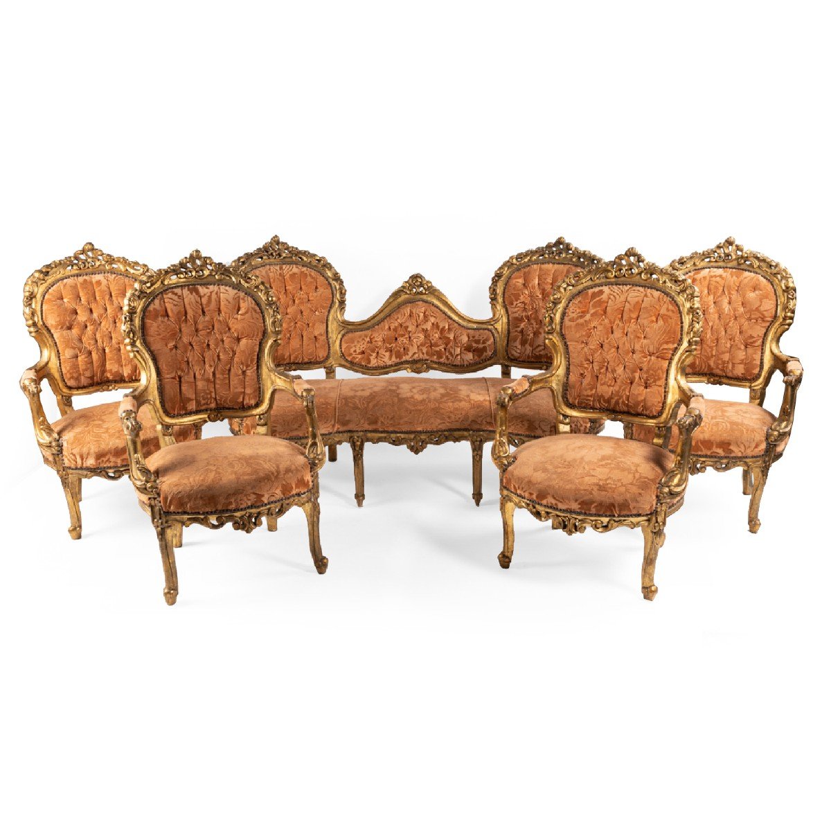 Salon composé d'une banquette et 4 fauteuils en bois doré, XXe