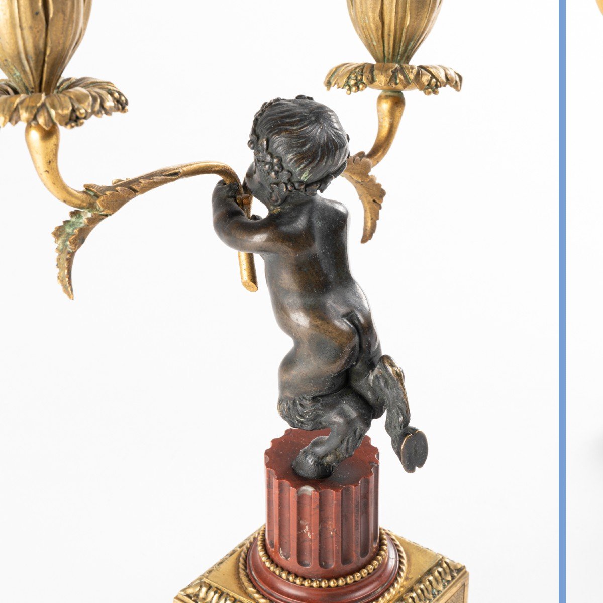 Paire de bougeoirs aux satyres en bronze et marbre, XIXe-photo-3