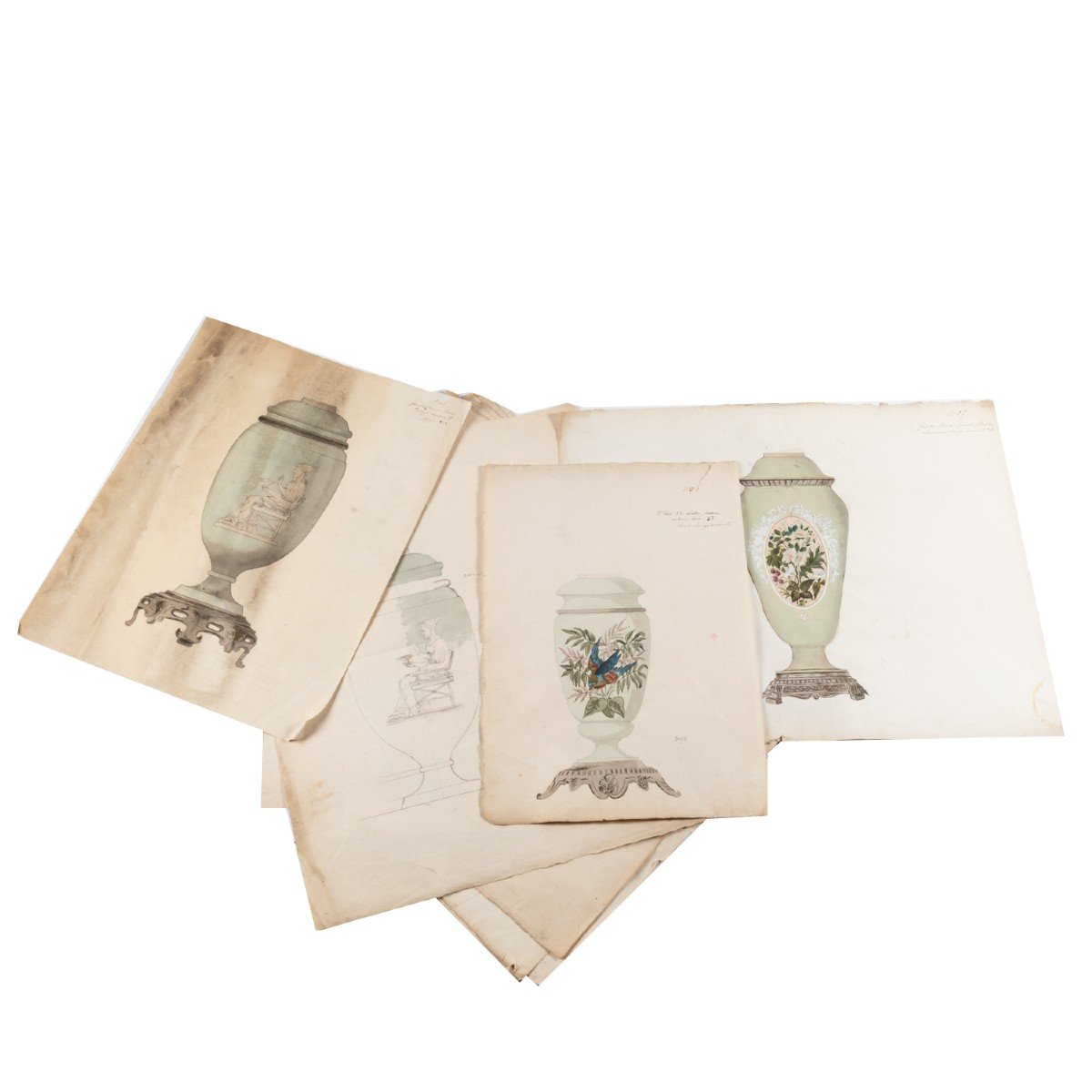 Série d'aquarelles et dessins de vases d'une manufacture, XIXe