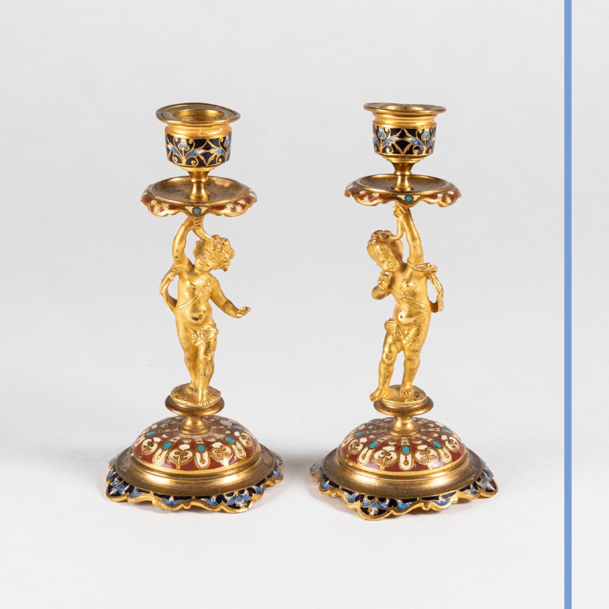 Pair Of Small Candlesticks With Babies In Gilded Bronze And Cloisonné Enamels, 19th Century-photo-2