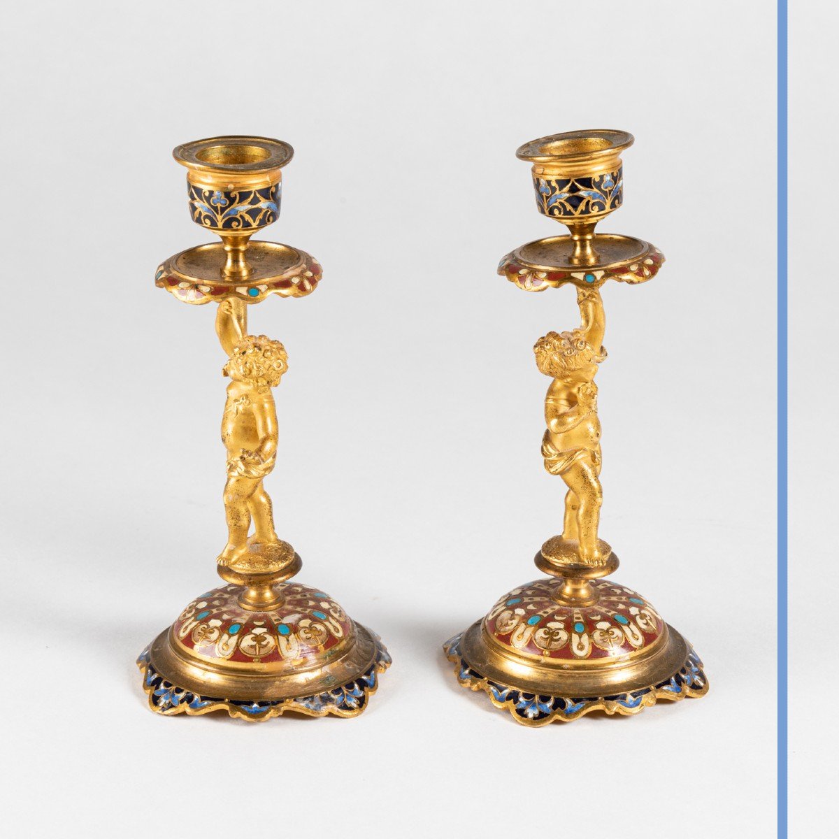 Pair Of Small Candlesticks With Babies In Gilded Bronze And Cloisonné Enamels, 19th Century-photo-3