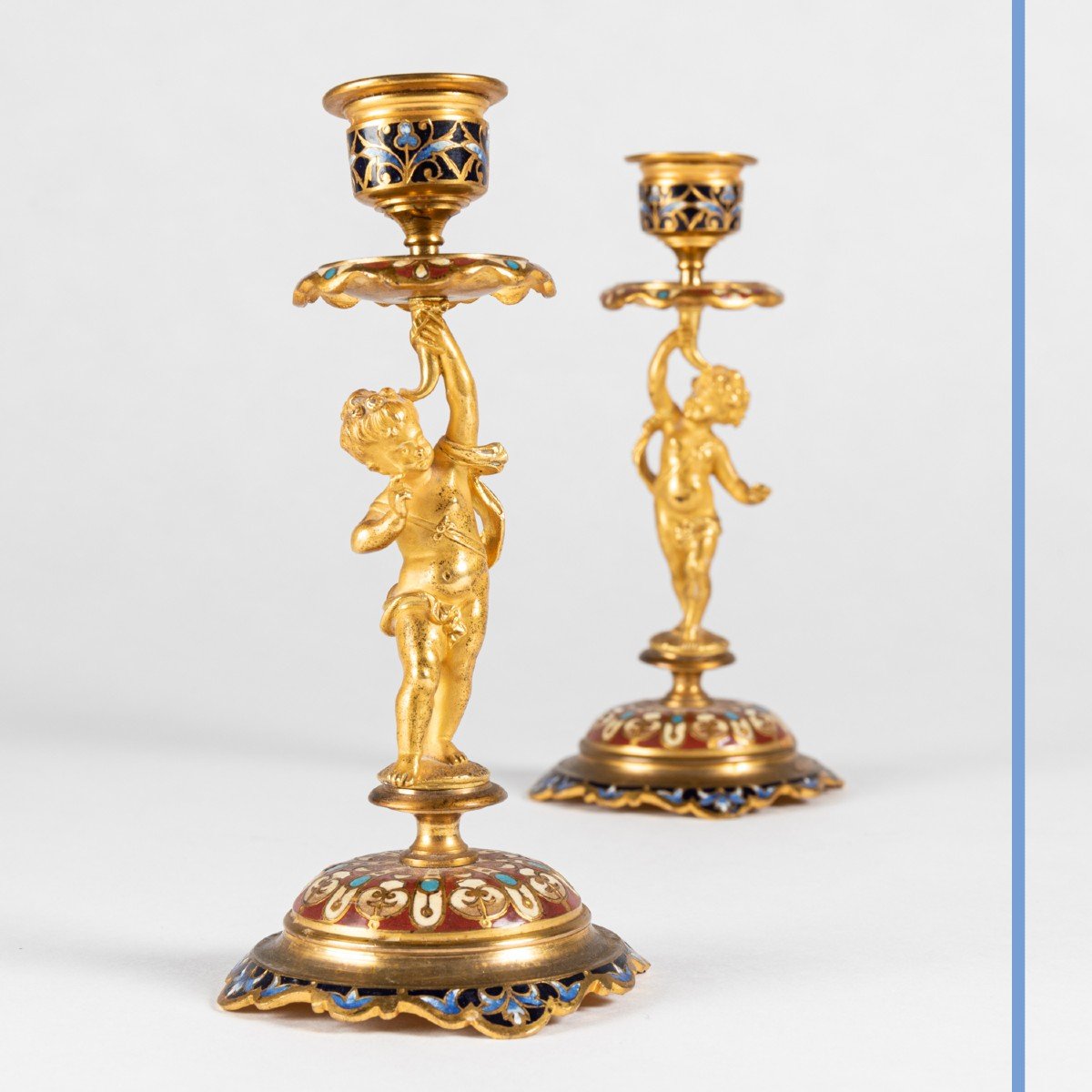 Pair Of Small Candlesticks With Babies In Gilded Bronze And Cloisonné Enamels, 19th Century-photo-1