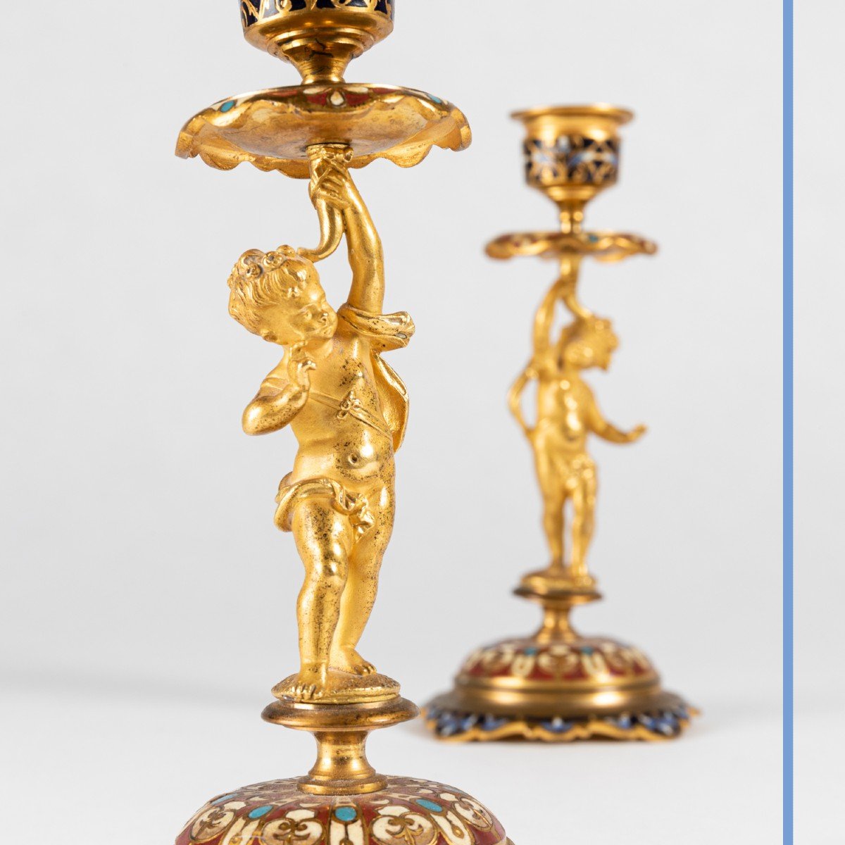 Pair Of Small Candlesticks With Babies In Gilded Bronze And Cloisonné Enamels, 19th Century-photo-2