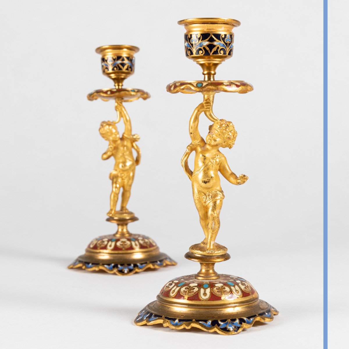 Pair Of Small Candlesticks With Babies In Gilded Bronze And Cloisonné Enamels, 19th Century-photo-3