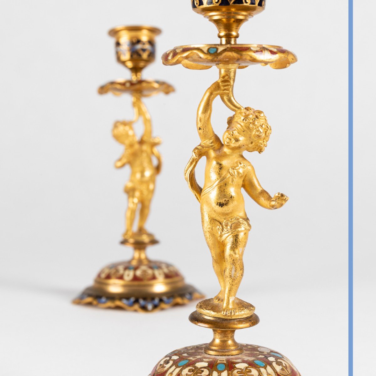 Pair Of Small Candlesticks With Babies In Gilded Bronze And Cloisonné Enamels, 19th Century-photo-4