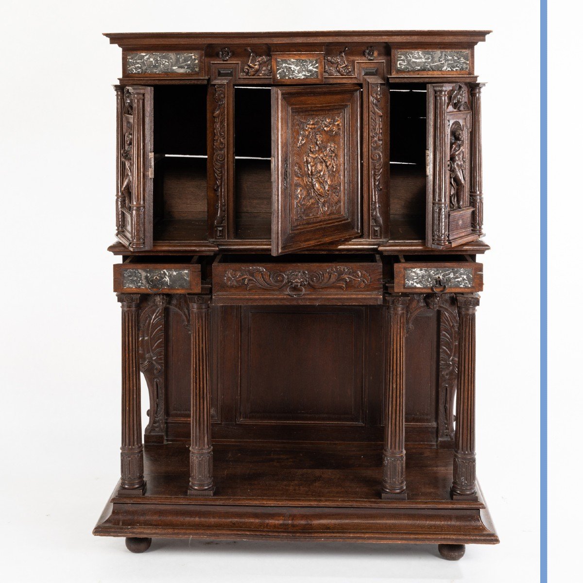 Cabinet deux corps néo-renaissance en noyer et incrustation de marbre, XIXe-photo-2
