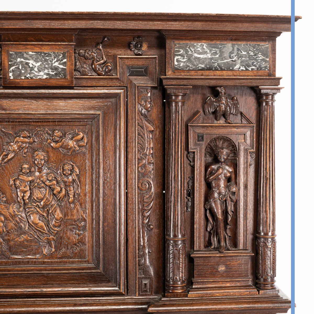 Cabinet deux corps néo-renaissance en noyer et incrustation de marbre, XIXe-photo-6