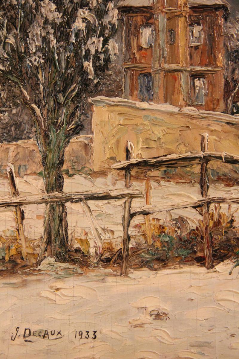 Huile sur bois "Paysage enneigé", signé G.Decaux, 1933-photo-3