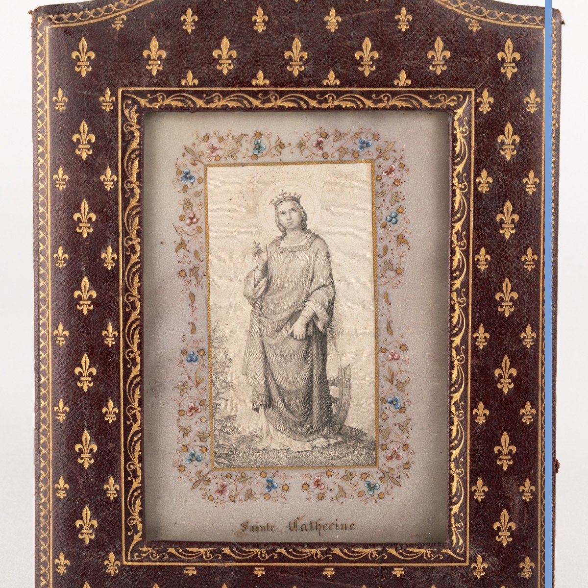 Petite gravure de Saint Catherine au cadre en cuir de Cordoue, XIXe-photo-2