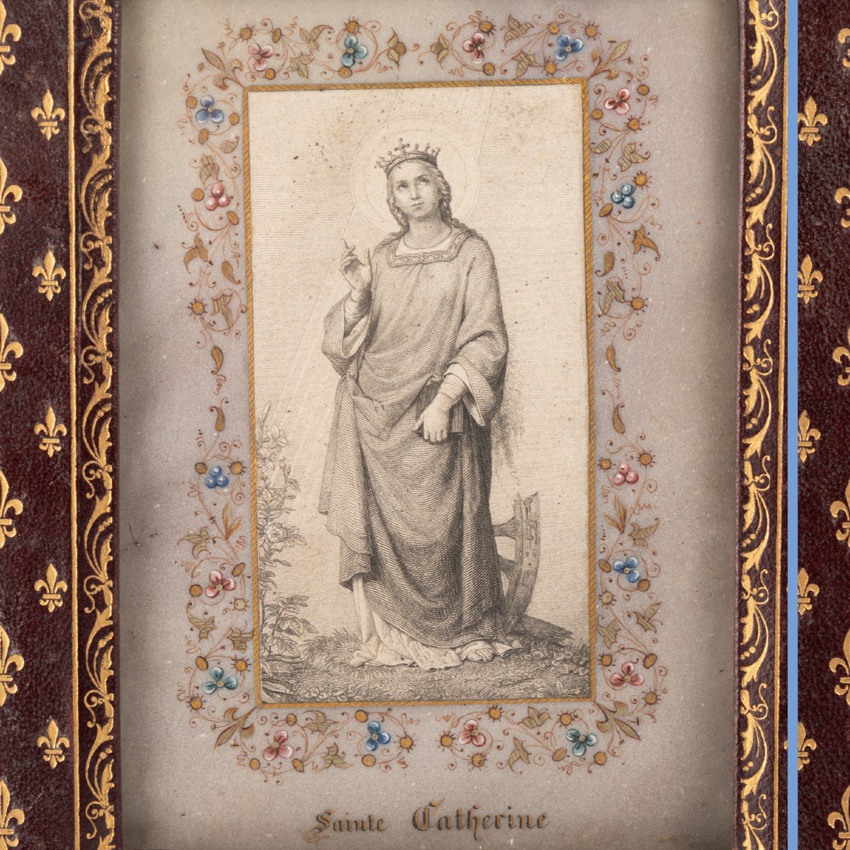 Petite gravure de Saint Catherine au cadre en cuir de Cordoue, XIXe-photo-3