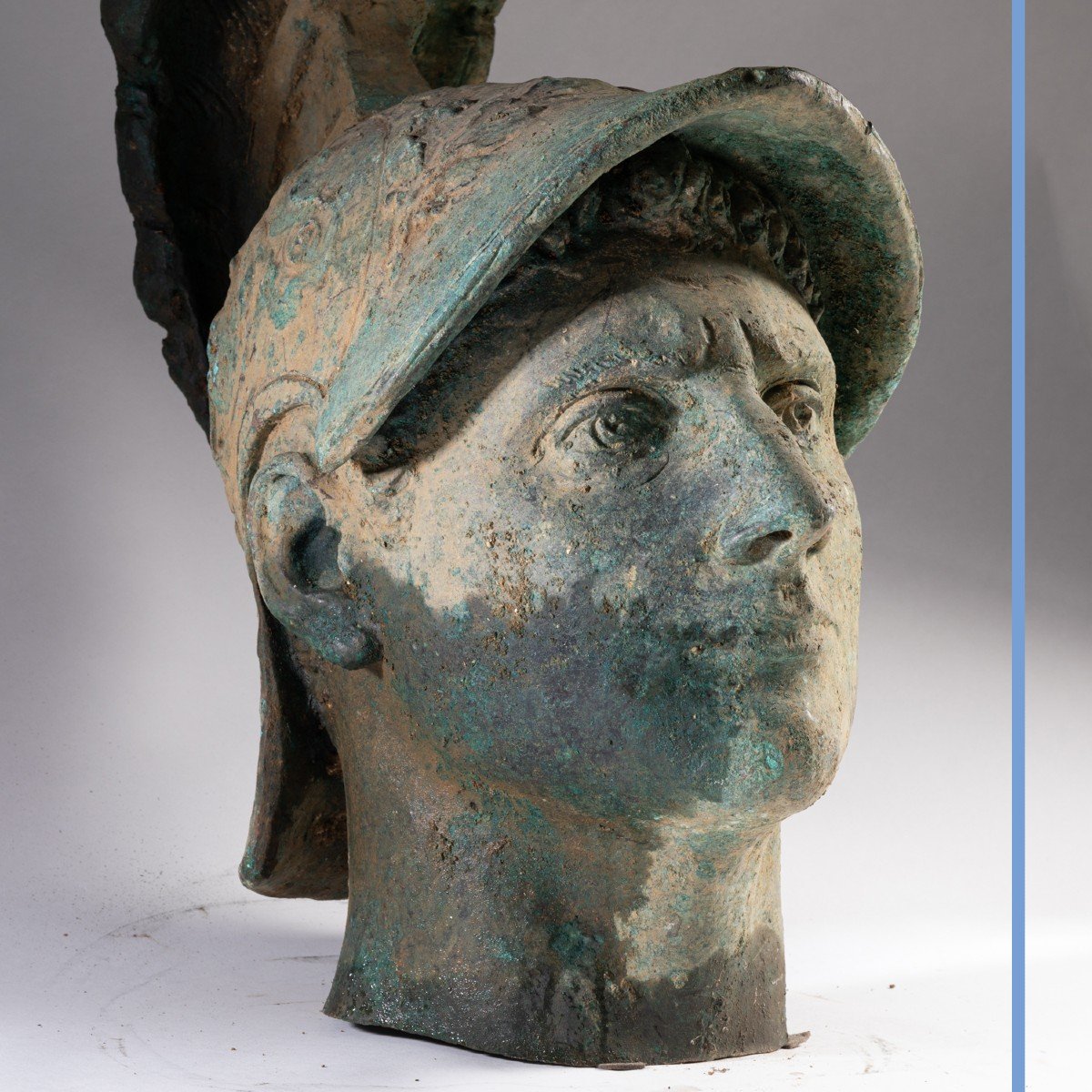 Importante tête de guerrier ou Mars en bronze, XIXe-photo-3