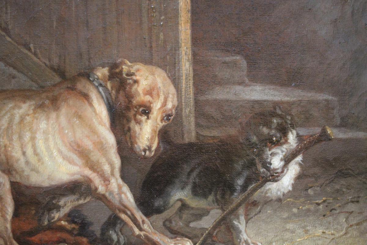 Huile sur toile "Chiens jouant", XIXe-photo-2